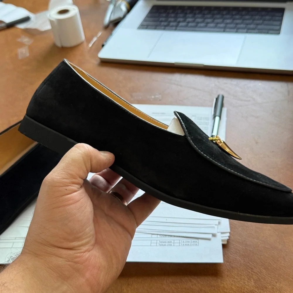 Santimon Men's US 8.5 Black Suede Smoking‎ Slip On Loafers Formal Dress Shoes